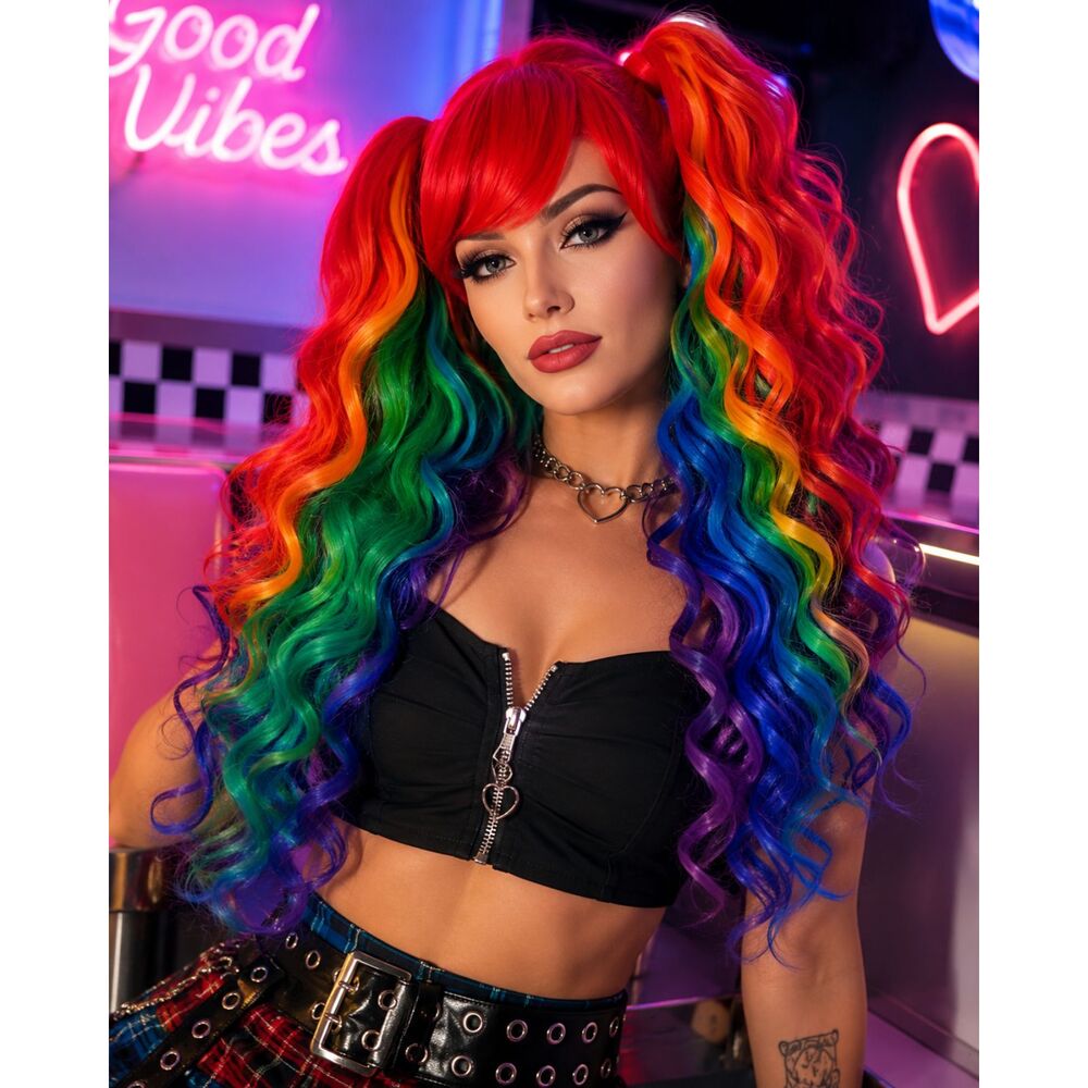 Rainbow Fantasy Cosplay Wig Set  Clip-in Ponytails  Long Curly Anime Rave Hair